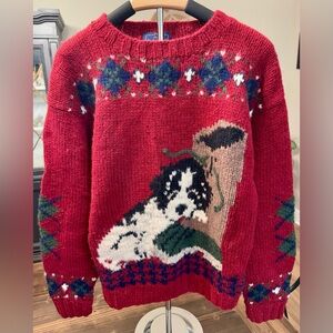 Vintage Woolrich Women’s Red Wool Sweater with Puppies & Duck Boot Design L